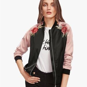 Black and Pink Floral Embroidered Bomber Jacket